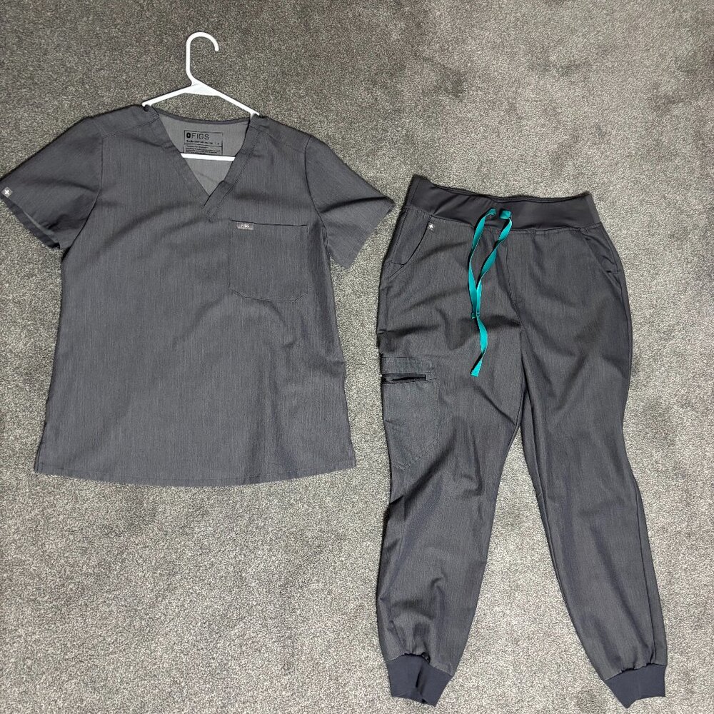 Figs Slate Gray Scrub Set with Aqua Highlights